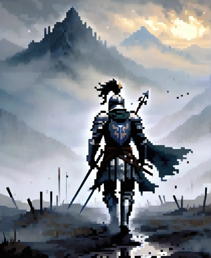 In the midst of a fog-laden battlefield, a valiant knight clad in battered armor crawls painfully through the mud, arrows protruding from his back. The looming silhouette of a foreboding mountain stands in the distance, shrouded in mist and mystery, offering a glimmer of hope amidst the chaos and despair.
