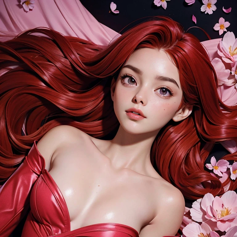 uma mulher com longo, cabelo ruivo cacheado usando um longo, vestido fluido vermelho flamejante semitransparente com decote alto e mangas compridas, deitado em um canteiro de flores, em pé contra um fundo escuro com um brilho flamejante. seus lábios estão ligeiramente separados, como se ela estivesse perdida em pensamentos. Ela está deitada de costas com os braços atrás da cabeça, olhando para o céu. As flores ao seu redor estão em plena floração, com pétalas em vários tons de rosa e roxo. O fundo é um campo de flores com algumas árvores ao longe.O efeito geral é de mistério.