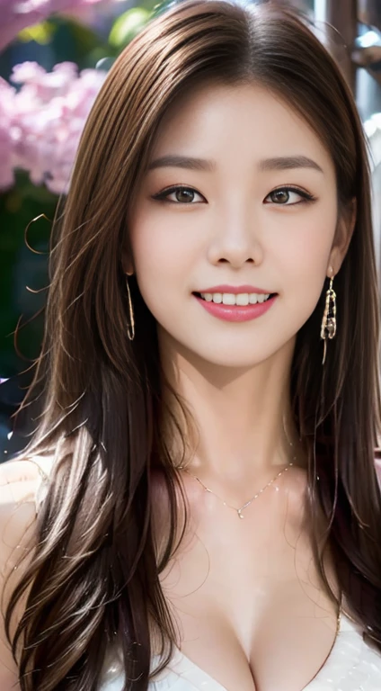 ((highest quality, 8k, masterpiece :1.3)), One Girl, close, ((A very affectionate smile:1.2)),Red lipstick,Dark lipstick,Beautiful woman, Big Breasts:1.3,Early Summer Fashion,Highly detailed face, fine grain, double eyelid,  Blur the background, outside, sunny,cherry blossoms, spring, nature,amusement park, (Maximum resolution: 1.4), (Ultra high definition: 1.2), Cinematic Light, (Detailed eyesと肌), (Detailed facial features), 8k resolution, Perfect Style, Beautiful expression、Highly detailed face and skin texture、Detailed eyes、double eyelid、((Pure white skin:1.2)),Glossy Lips:1.2、Detailed lips,Wet lips,((Full Body Shot:1.2)),(Straight Hairstyles、Light brown hair)、One-length long hair、175cm