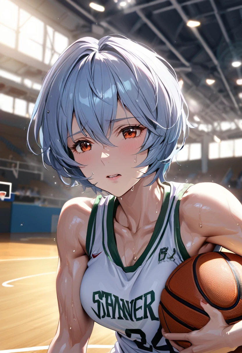 (Mastepiece, best quality, absurdres), close up shot, 1girl, ayanami rei, light blue hair, short hair, mature female, holding a basketball in hand, wearing a basketball jersey, basketball court, looking at wiewer, (exhausted, sweating), toned body, medium boobs, 8k intricate illustration, dynamic pose, cinematic lighting, volumetric lighting, vibrant colors, ray tracing, intricate details, 