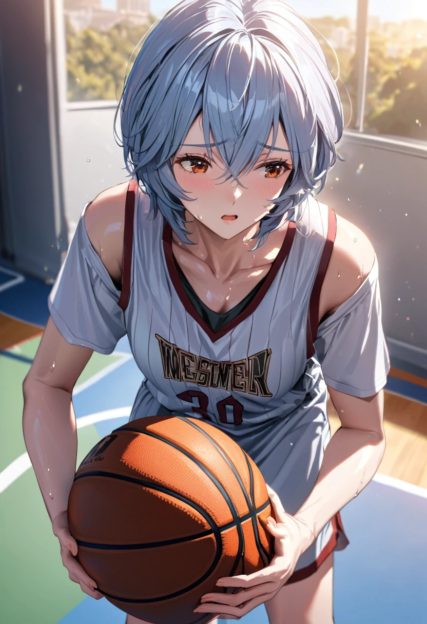 (Mastepiece, best quality, absurdres), close up shot, 1girl, ayanami rei, light blue hair, short hair, mature female, holding a basketball in hand, wearing a basketball jersey, basketball court, looking at wiewer, (exhausted, sweating), medium , 8k intricate illustration, dynamic pose, cinematic lighting, volumetric lighting, vibrant colors, ray tracing, intricate details, 