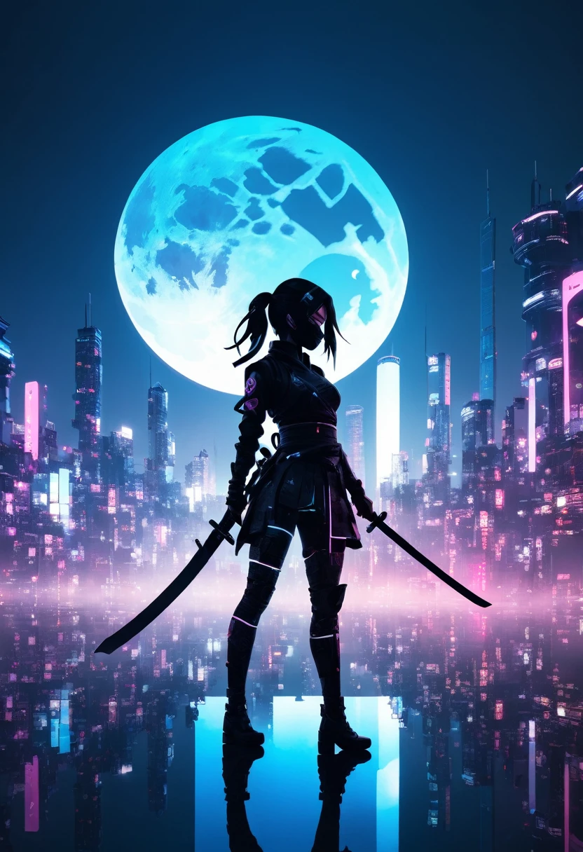  mate piece, silhouette, Kunoichi, logo, monotony, moon, double exposure, cyberpunk city, depth of field, (holographic glow effect), masterpiece,