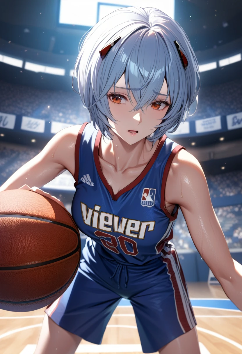 (Mastepiece, best quality, absurdres), close up shot, 1girl, ayanami rei, light blue hair, short hair, mature female, holding a basketball in hand, wearing a basketball jersey, basketball court, looking at wiewer, (exhausted, sweating), medium boobs, 8k intricate illustration, dynamic pose, cinematic lighting, volumetric lighting, vibrant colors, ray tracing, intricate details, 