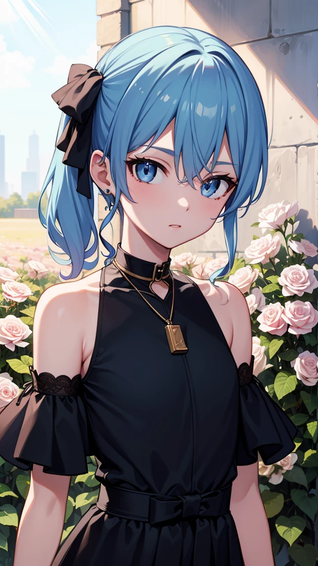 Hoshimachi Suisei,blue eyes,blue hair,choker,hair between eyes,medium hair,side ponytail,Star choker,(small breasts:1.2), 
BREAK black dress, dress, fur coat, high collar, jewelry, necklace, off shoulder, taut clothes, taut dress,
BREAK (((vibrant background of outside, flowers, bright lighting, summer, sunlight))), flat chested, looking at viewer, ((head:1, hips, elbows, arms, in view)),
BREAK (masterpiece:1.2), best quality, high resolution, unity 8k wallpaper, (illustration:0.8), (beautiful detailed eyes:1.6), extremely detailed face, perfect lighting, extremely detailed CG, (perfect hands, perfect anatomy),