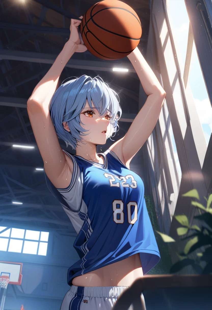 (Mastepiece, best quality, absurdres), close up shot, 1girl, ayanami rei, light blue hair, short hair, mature female, holding a basketball in one hand, lifting shirt with one hand, underboob, wearing a basketball jersey, basketball court, looking at wiewer, (exhausted, sweating), medium , 8k intricate illustration, dynamic pose, cinematic lighting, volumetric lighting, vibrant colors, ray tracing, intricate details, 