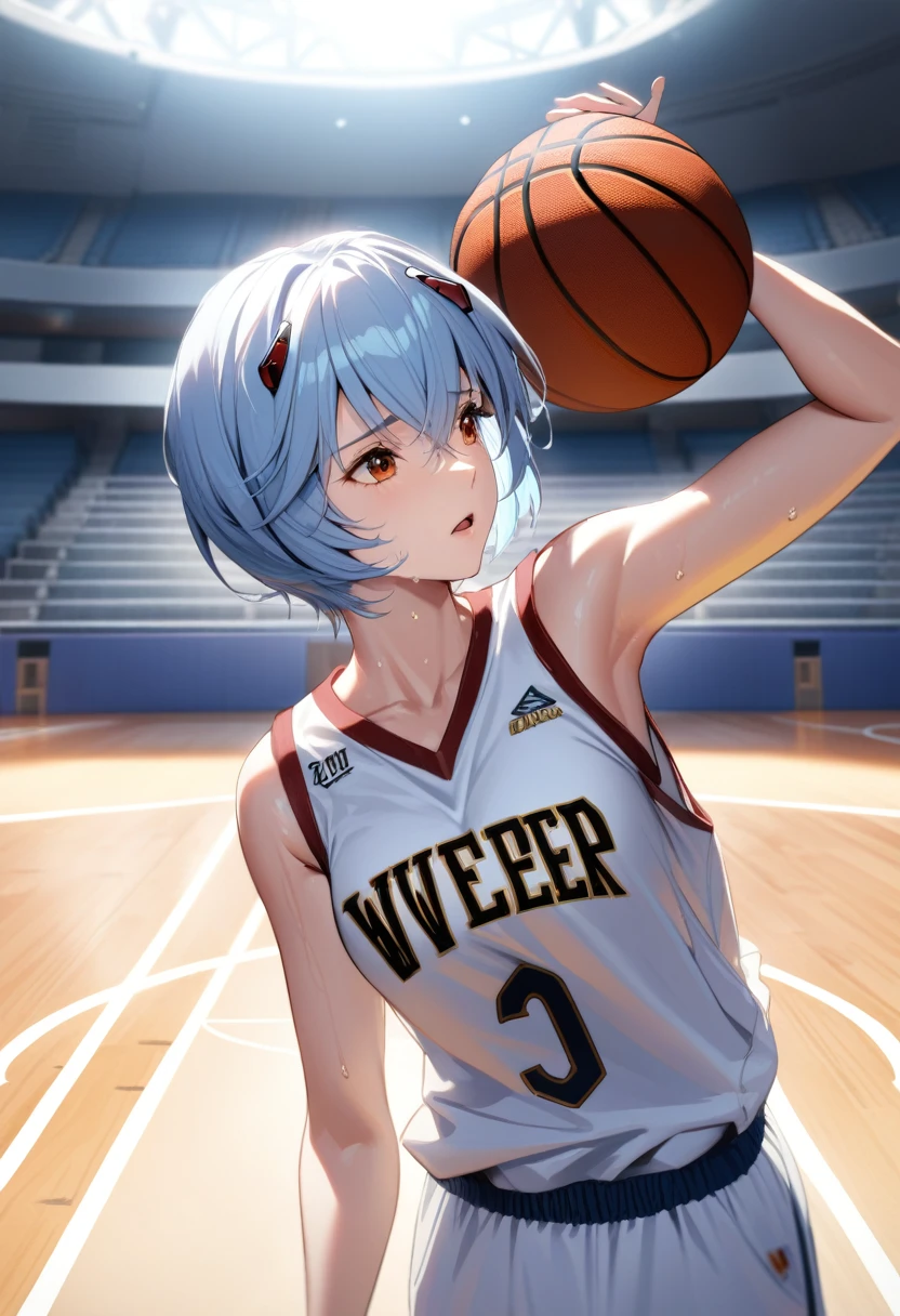 (obra maestra, mejor calidad, absurdos), fotografía de cerca, 1 chica, rei ayanami, pelo azul claro, cabello corto, mujer madura, Sosteniendo una pelota de baloncesto en una mano, levantar la camisa con una mano, Debajo del pecho, vistiendo una camiseta de baloncesto, cancha de baloncesto, Mirando a Wiewer, (exhausto, Transpiración), medio , Ilustración intrincada de 8k, pose dinámica, iluminación cinematográfica, iluminación volumétrica, Colores vibrantes, trazado de rayos, detalles intrincados, 