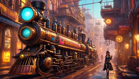 (highest quality,8k,masterpiece:1.2),super detailed,high resolution,steampunk:1.5 steampunk列車:1.5 and neon, rebellious art, shar...