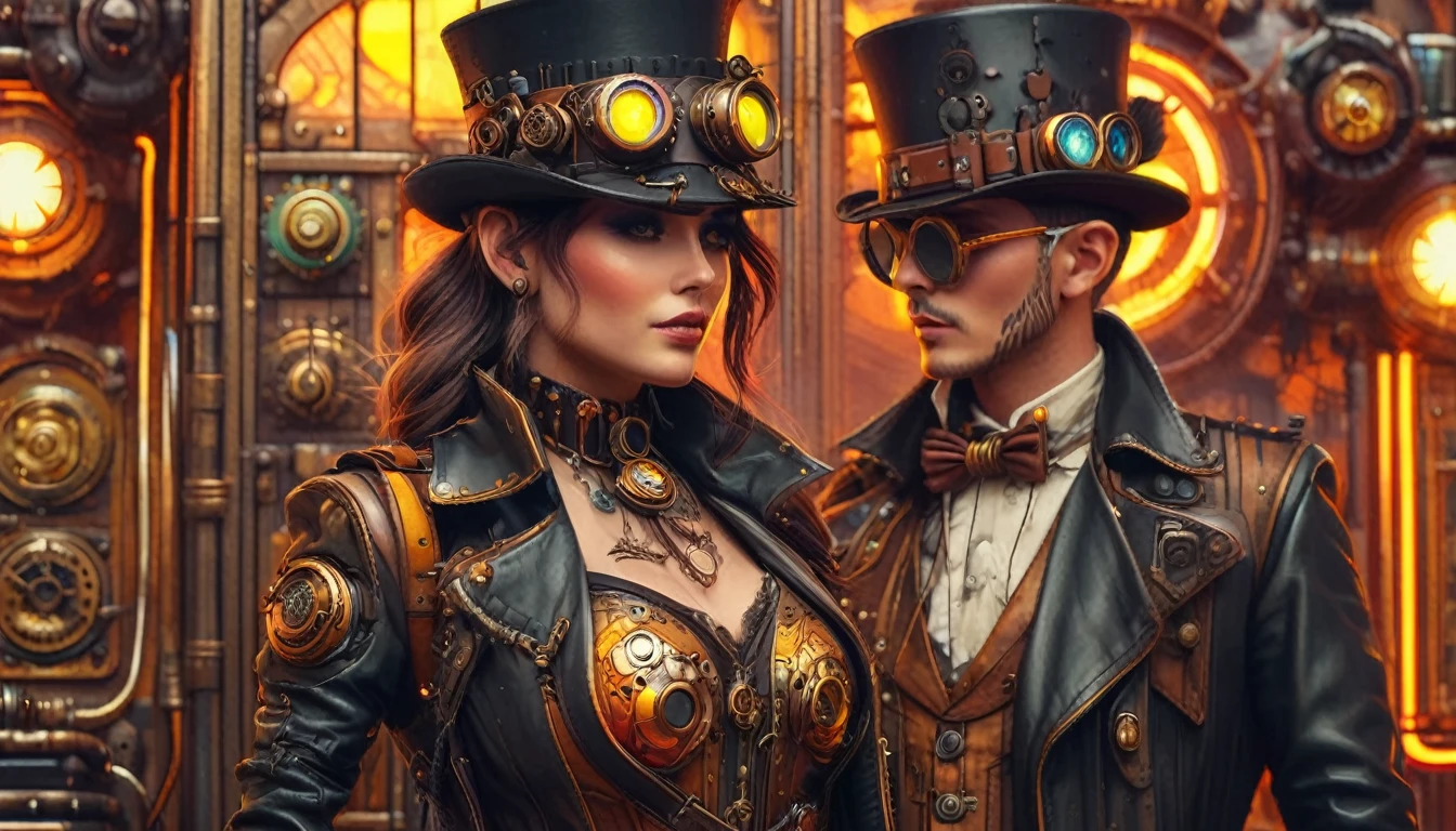 (Highest quality,8K,masterpiece:1.2),Super detailed,High resolution,steampunk:1.5 steampunk列車:1.5 and neon, Rebellious art, Sharp focus, Octane Rendering, Saturated colors, pastel colour, neon light,, neon, LED Smokey ((Crazy Science:1.5 wearing steampunk hat)), Mud Tile Style