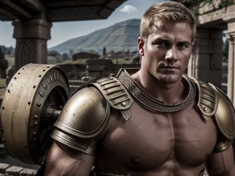 Ancient Rome. Muscular, with a carefully shaved face, without beard or mustache, handsome, in battle armor, blond centurion of t...