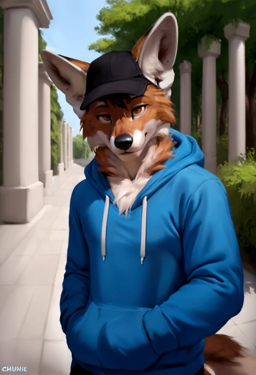 arafed wolf wearing a blue hoodie and a black hat, in a hoodie, thick furry neck and chest fluff, commission for high res, weari...