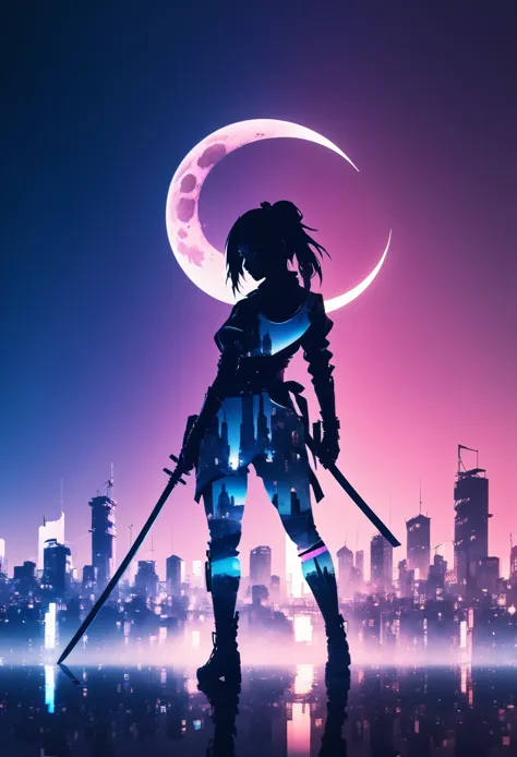  mate piece, silhouette, Kunoichi, logo, monotony, moon, double exposure, cyberpunk city, depth of field, (holographic glow effe...