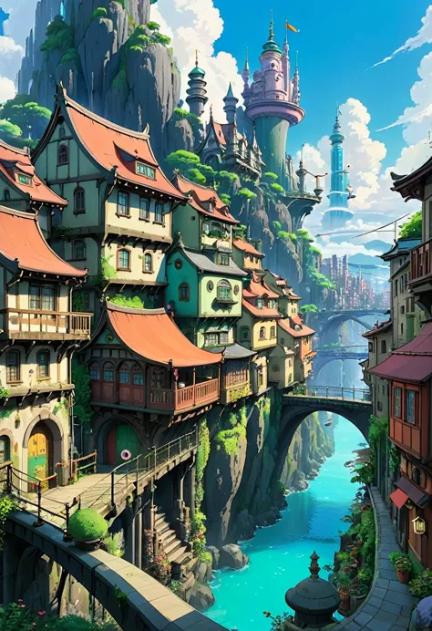 a beautiful jaw dropping city that is mash up of fairy tale and scifi. style of studio ghibli