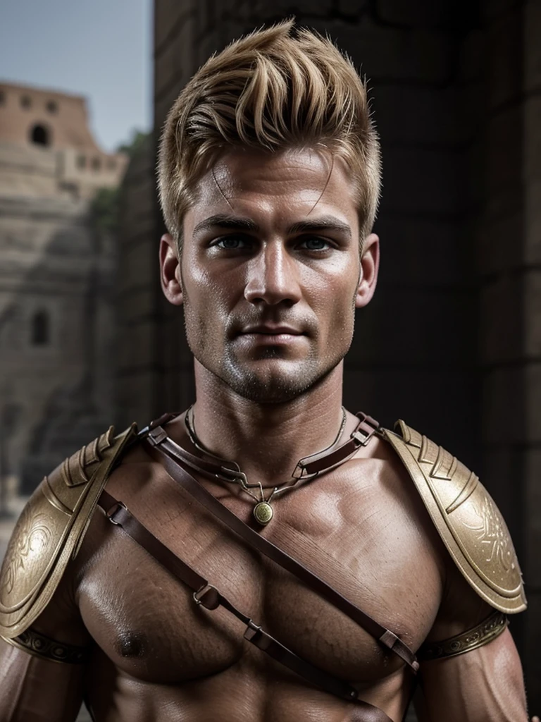 Rome antique. Musclé, avec un visage soigneusement rasé, sans barbe ni moustache, beau, en armure de combat, centurion blond de l&#39;armée romaine, 4. Il baise dans le cul un esclave aux cheveux roux, , habillé pauvrement, qui est amoureux de lui. . Il y a de la joie et du plaisir sur le visage du centurion