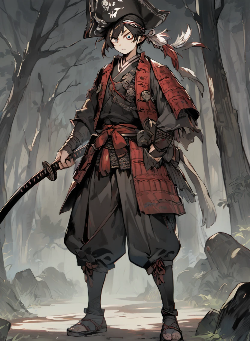 homem jovem ,masculino escuro, madeiras escuras,vermelho & cores pretas, Olho Estranho, Samurai dnd, fundo pirata, segure a katana na mão direita