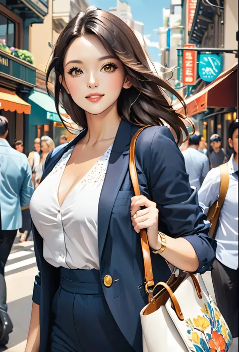 1lady solo, (strolling through city), (stylish outfit) (refreshing and sporty attire), slim mature female, /(dark brown hair/) b...