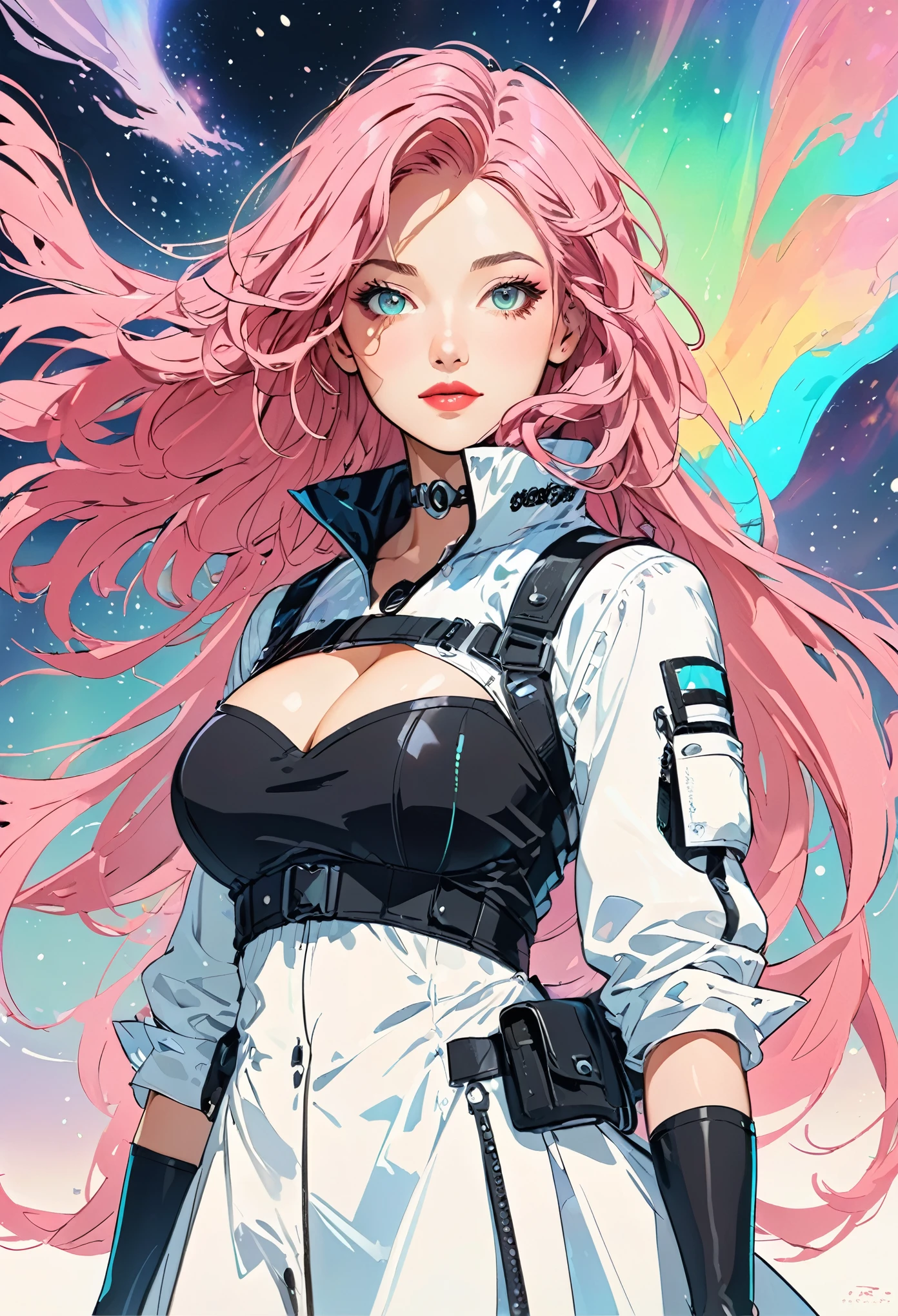 middle-aged girl，long pink hair, reddish-pink lips，In a bright white shirt，Pastel palette in aurora punk style，anime illustration of her face，Animated GIFs，Hand-drawn animation，Fascinating sketch，smooth and shiny，Foggy romanticism，Super flat style, universe background -- ar 1:1-niji 5-expressive style-with 50，cleavage，large breasts，Shoulder straps are detachable, castle in the background