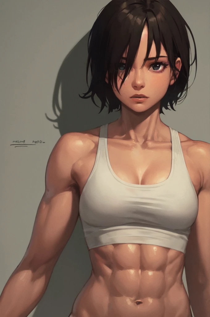 1 chica,Detalles ultra altos, calidad ultra alta,(Cara muy detallada)1.2,(alta calidad de la cara)1.3,mikasa ackerman,abdominales muy detallados,anatomía femenina perfecta, mejor calidad de sombras,Músculos altamente detallados,hermoso rostro,sombras de volumen