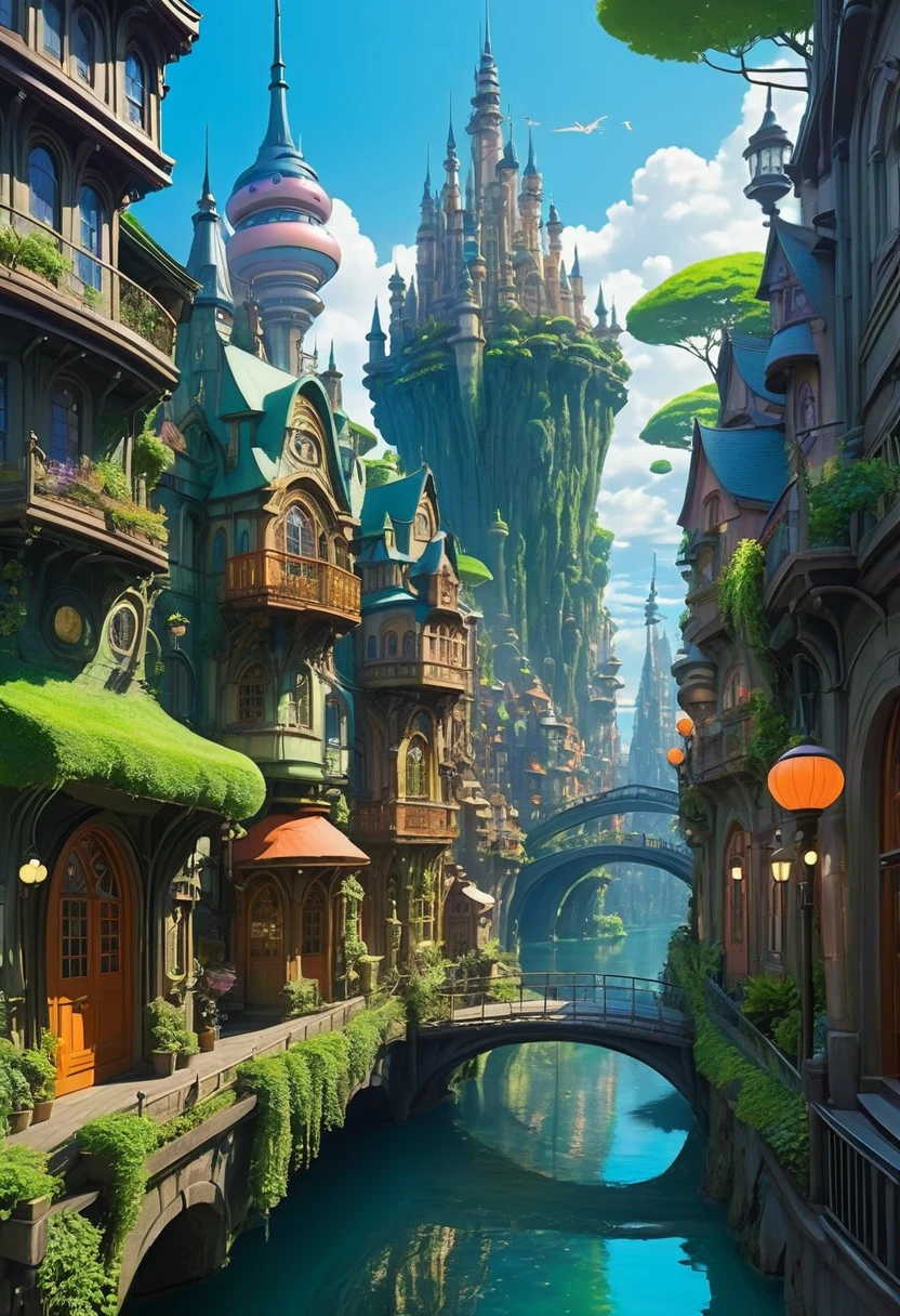 A beautiful jaw dropping city that is mash up of fairy tale and scifi. Has the feel of a fairy tale but with scifi details seemlessly blended in. Style of Studio Ghibli
