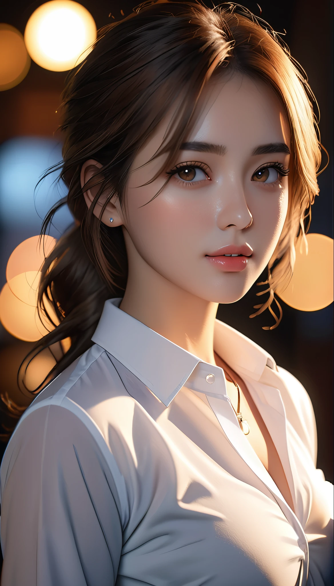 best quality, masterpiece, High resolution, a girl, Mens white collar shirt, necklace, jewelry, pretty face, big breasts, more than_Body, Tyndall effect, lifelike, dark studio, edge lighting, two-tone lighting, (HD skin: 1.2), 8K Ultra HD, SLR camera, soft light, high quality, Volumetric lighting, frank, photography, super high resolution, 8K, Bokeh, shallow depth of field