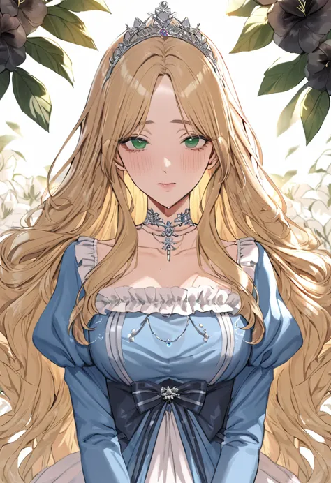 (sexy-style), floral background, romance manhwa, (masterpiece, best quality, highres), 1girl, blonde hair, solo, long hair, flow...