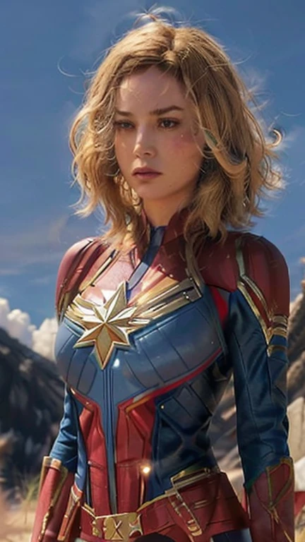 brie larson, medium hair, wide full body, frontal shot, wearing captain marvel outfit, sexy, cleavage, breasts showing, large red boots