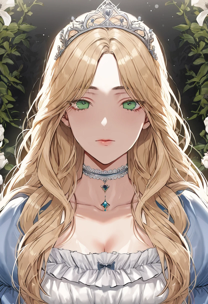 (sexy-style), floral background, romance manhwa, masterpiece, 1girl, blonde hair, solo, long hair, flower, dress, tiara, white dress, gloves, long sleeves, choker, green eyes, mascara, makeup, white gloves, black bow, black flower, wavy hair, bow, jewelry, looking at viewer, white background, collarbone, puffy sleeves, silver accessories, upper body, parted bangs, very long hair, blue dress, frills, bangs, closed mouth, detailed eyes, close up, gleaming skin, shiny glossy skin