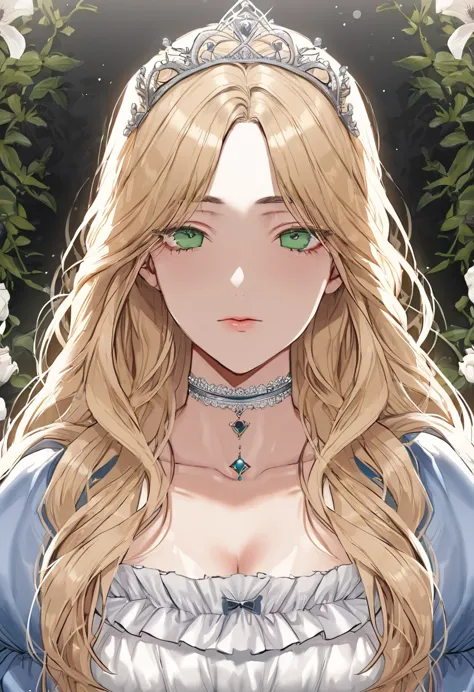 (sexy-style), floral background, romance manhwa, masterpiece, 1girl, blonde hair, solo, long hair, flower, dress, tiara, white d...