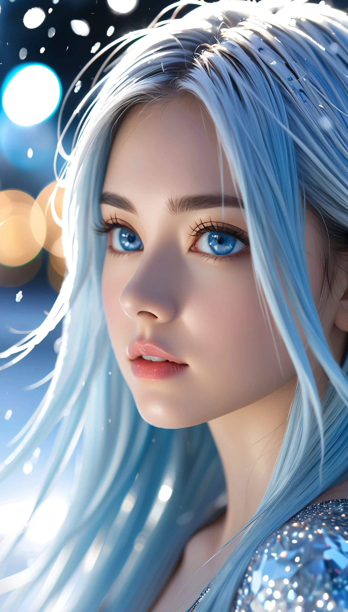 beautiful, young woman, in the crystal and ice area, fluttering ice, snowing,  streaked hair, sliver hair, sky blue hair, long hair, blue eyes, eye reflection, disdain, ray tracing, reflection light, blurry, glowing light, shallow depth of field, chiaroscuro, stereogram, zoom layer, , bokeh, masterpiece, best quality, high quality, HD