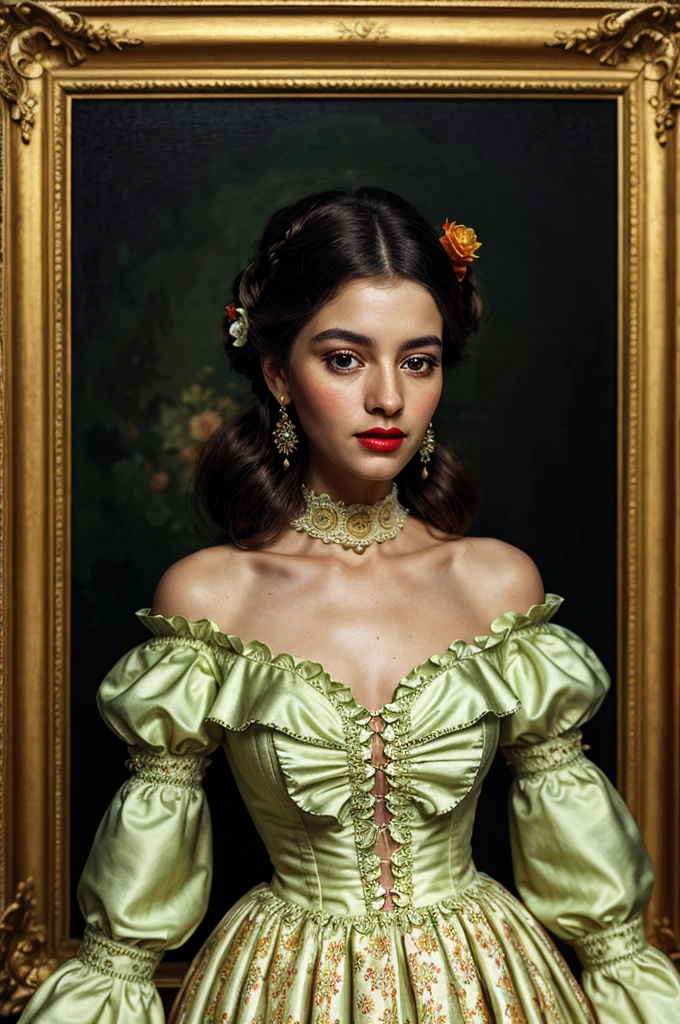portrait of a beautiful woman in a classic vintage spanish dress, ornate and detailed dress, elaborate intricate floral patterns, flowing ruffles, off the shoulder design, cinched waist, long skirt, high collar, elegant lady, serene expression, soft warm lighting, detailed facial features, delicate skin, large expressive eyes, lush eyelashes, rosy cheeks, full red lips, high quality, oil painting, photorealistic, masterpiece, 8k, hdr, ultra-detailed, award winning