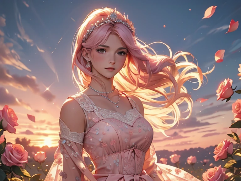 a woman standing in a field with her hair blowing in the wind, wearing a pink dress with a floral hair tiara and pearl necklace. She has a serious expression on her face and is wearing a lace collar and cuffs. The background is a light pink and there is a hint of a floral pattern on the dress. The sun is setting in the background, casting a warm rose glow over the scene. The overall effect is elegant and romantic.