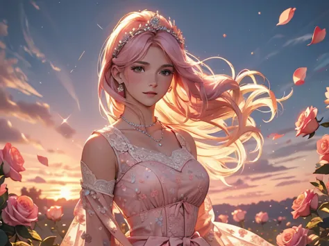 a woman standing in a field with her hair blowing in the wind, wearing a pink dress with a floral hair tiara and pearl necklace....
