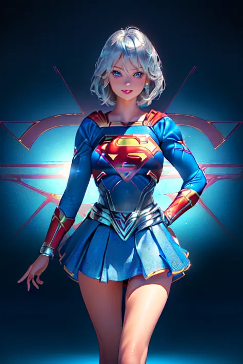 ((tanned adult woman), ((short blonde hair, blue colored eyes,)), slim and beautiful smile, ((dressed like a supergirl umlwotard...