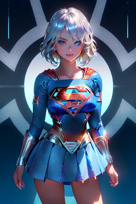 ((tanned adult woman), ((short blonde hair, blue colored eyes,)), slim and beautiful smile, ((dressed like a supergirl umlwotard...