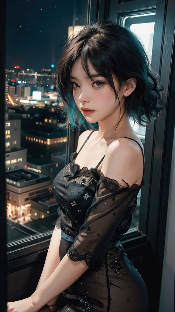 ((High quality, 8k, perfect quality, realistic)), beautiful, perfect face, gazing out the window, nighttime, ((dark room)), Before sleeping, restless, short nightgown, staring at the window, city night view, hair color black and cyan, night city, ((lights off)), facing the window 