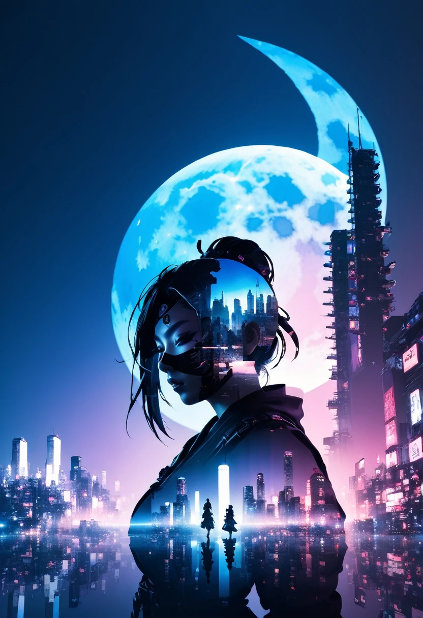  mate piece, silhouette, Kunoichi, logo, monotony, moon, double exposure, cyberpunk city, depth of field, (holographic glow effect), from below, low angle shot, masterpiece,