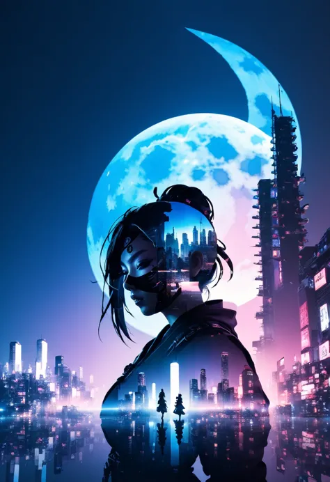  mate piece, silhouette, Kunoichi, logo, monotony, moon, double exposure, cyberpunk city, depth of field, (holographic glow effe...