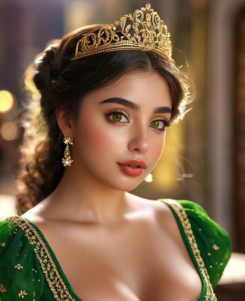 spanish princess,green and gold dress,olive skin,honey eyes,curvy figure,22 years old,big lips,beautiful detailed eyes,beautiful detailed lips,extremely detailed eyes and face,long eyelashes,masterpiece:1.2,ultra-detailed,photorealistic:1.37,HD,UHD,studio lighting,sharp focus,physically-based rendering,extreme detail description,professional,vivid colors,bokeh,portraits,landscape,romantic,colorful lighting. full body