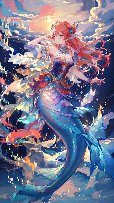 girl, long hair, full body, todoroki shoto, my hero academia, mermaid, mermaid ears, underwater, beautiful senary