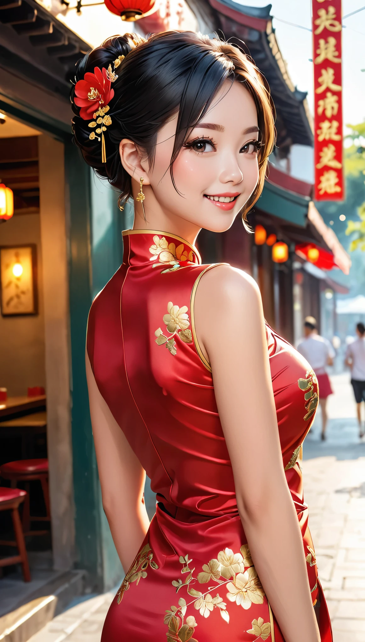 une belle femme, Ville,(Cheongsam en soie rouge), (flower chignon), (fil à broder doré), (tel), restaurant chinois en plein air, sourire bouche ouverte, ((cheveux noirs)), petit rougissement, côté, (sein), Reflétant les fesses