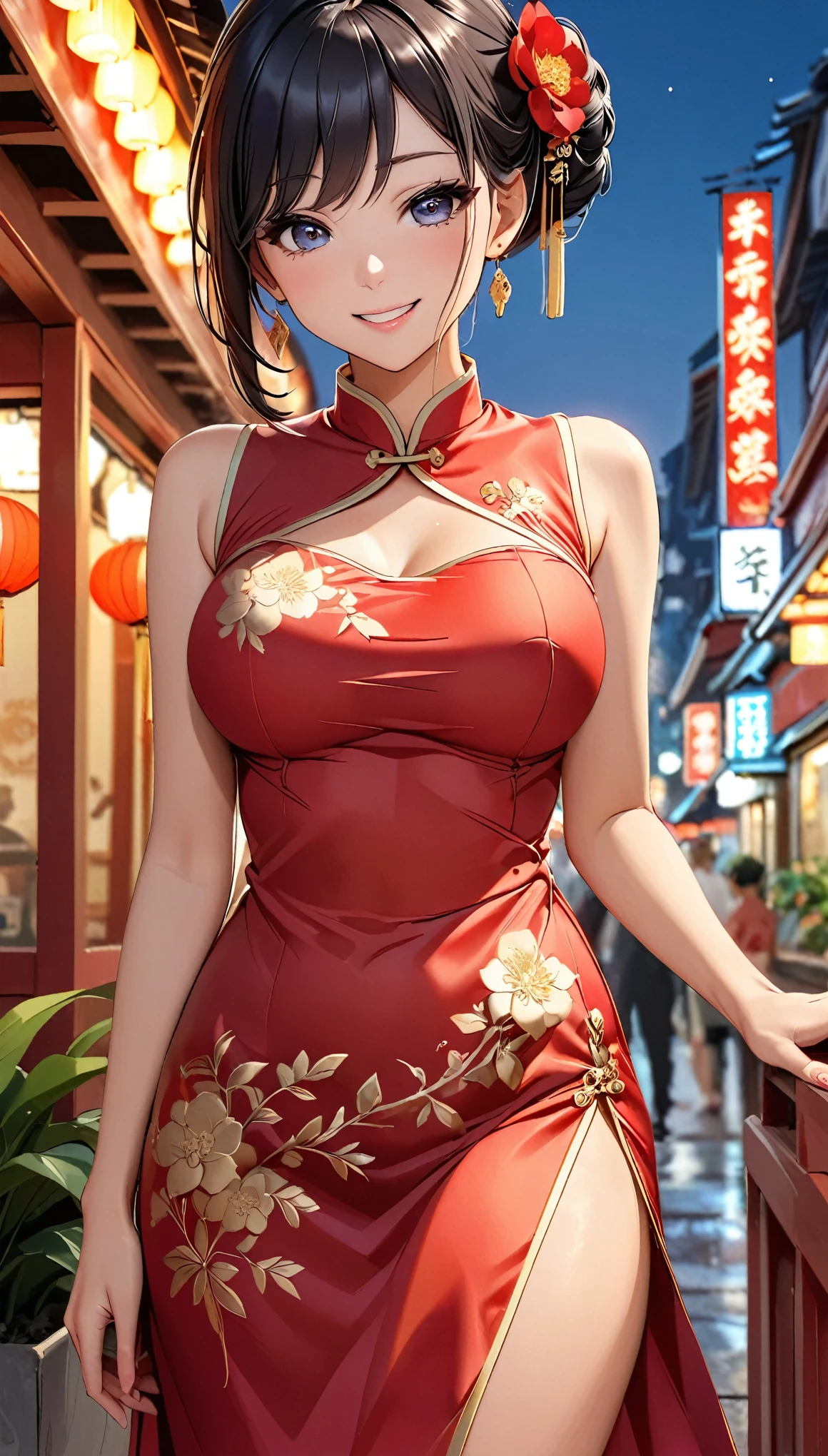 A beautiful woman, city,(Red silk cheongsam), (flower chignon), (gold embroidery thread), (slik), outdoor chinese restaurant, open mouth smile, ((black hair)), little blush, side, (breast), Reflecting the buttocks