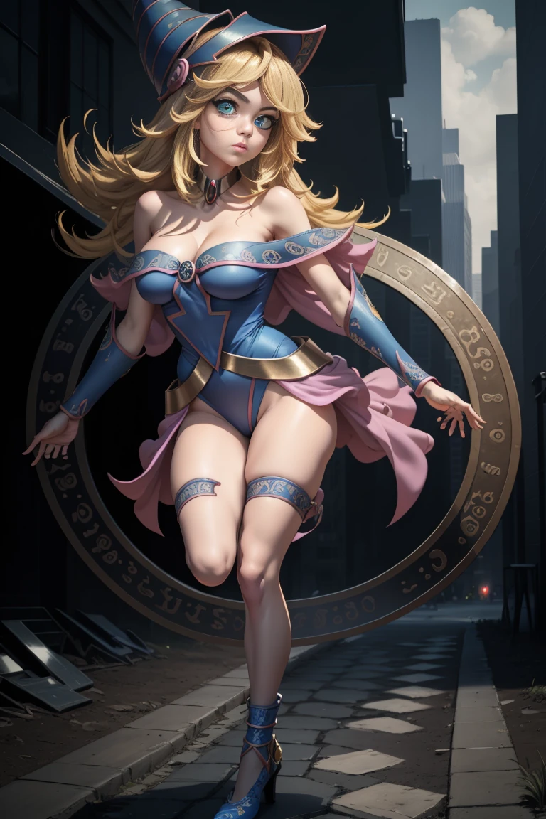 dark magician girl, Oscura himself, by rubio, choker, (green eyes:1.5), broad,
ROMPER bare shoulders, blue shoes, blush, blush pegatinas, neckline, clavicle, duel monster, has, off the shoulder, pentacle, wizard has, (blue clothes:1.5), has tacones dorados. Wear gold heels, standing pose on one foot. PELELE with heels looking at the viewer,
Outdoor ROMPER, City,
BREAK (Masterpiece:1.2), Best Quality, high resolution, unity wallpaper 8k, (illustration:0.8), (Beautiful detailed eyes:1.6), extremely detailed face, perfect lighting, Extremely detailed CG, (perfect hands, perfect anatomy),standing on a magic circle posing sexy for the photo, sensual and seductive look 