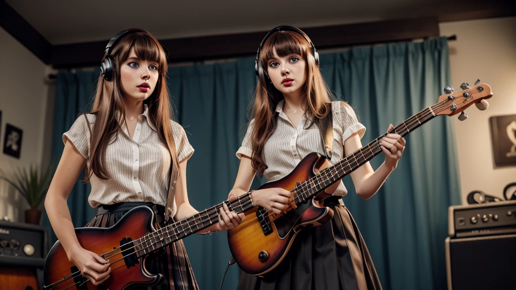 RAW Photo,DSLR,BREAK ultra detailed (masterpiece, best quality), (RAW photo, best quality), 1girl, instrument, solo, blue eyes, guitar, long hair, skirt, headphones, music, electric guitar, indoors, playing instrument, red lips, cable, plectrum, brown hair, signature, holding, looking at viewer, shirt, pleated skirt, black skirt, lipstick, cowboy shot, blurry, parted lips, lips, makeup, black shirt, standing, bass guitar, bangs, holding instrument, 