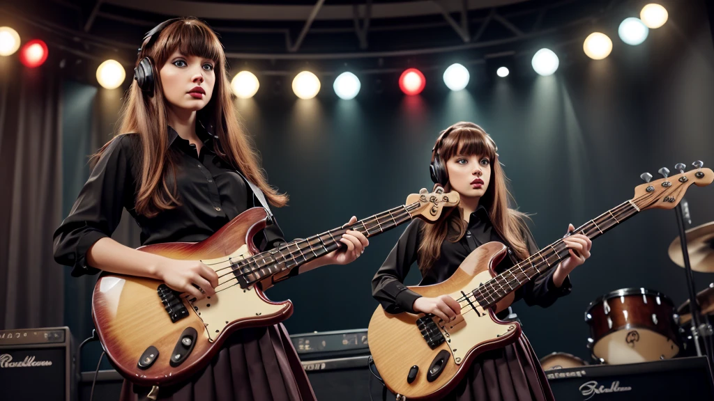 RAW Photo,DSLR,BREAK ultra detailed (masterpiece, best quality), (RAW photo, best quality), 1girl, instrument, solo, blue eyes, guitar, long hair, skirt, headphones, music, electric guitar, indoors, playing instrument, red lips, cable, plectrum, brown hair, signature, holding, looking at viewer, shirt, pleated skirt, black skirt, lipstick, cowboy shot, blurry, parted lips, lips, makeup, black shirt, standing, bass guitar, bangs, holding instrument, 