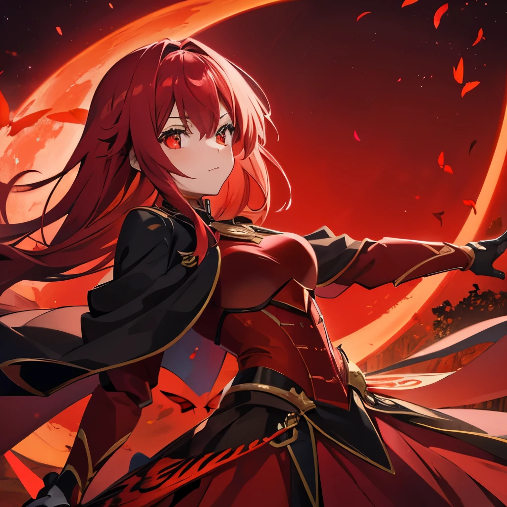 a girl in dark red armor, with a vibrant red butterfly wing on her back, a red aura surrounds her, in the background a field and a red moon illuminating the night