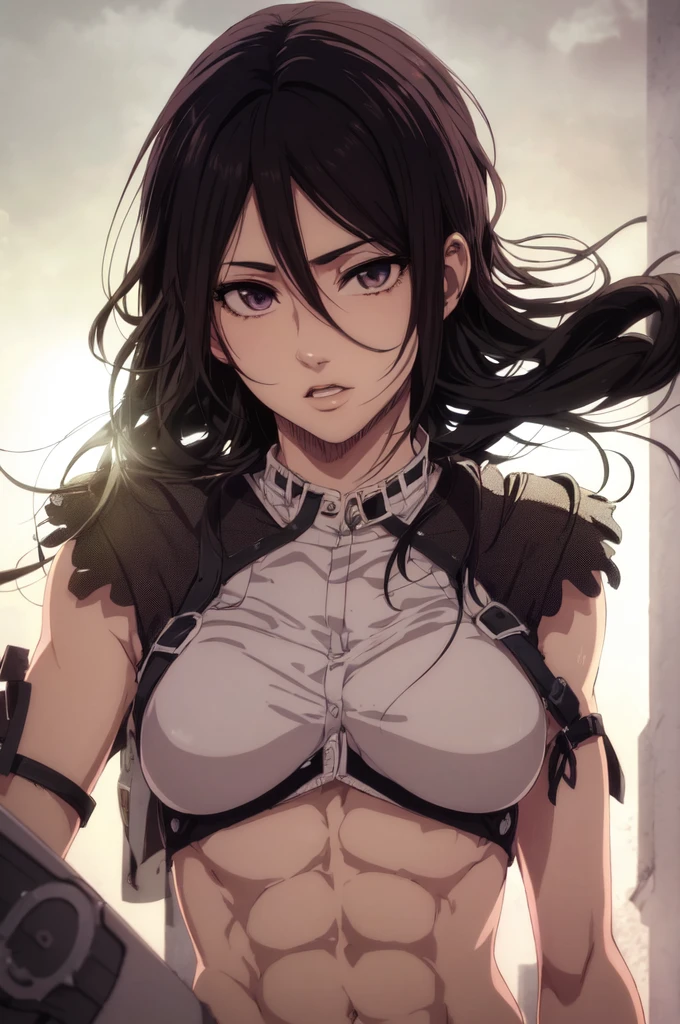 1girl,ultra high details, ultra high auality,(highly detailed face)1.2,(high quality of face)1.3,Mikasa Ackerman,highly detailed abs,perfect female anatomy, best quality of shadows,highly detailed muscles,beautiful face,volume shadows