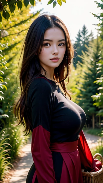 NSFW, hot, erotic, red capturista, carrying a basket on his arm, with a red hood, Perfect face, perfect body, Ultra details on beautiful face, Hair to the wind, ultra details, 8k, closeup on her big round breasts, in the background a forest