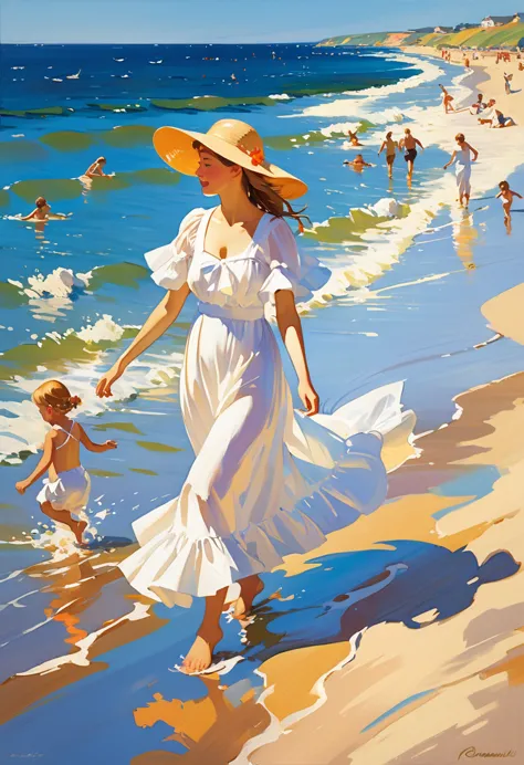 create an image of a sunlit beach scene with people enjoying a summer day, painted in the style of joaquín sorolla. include elem...