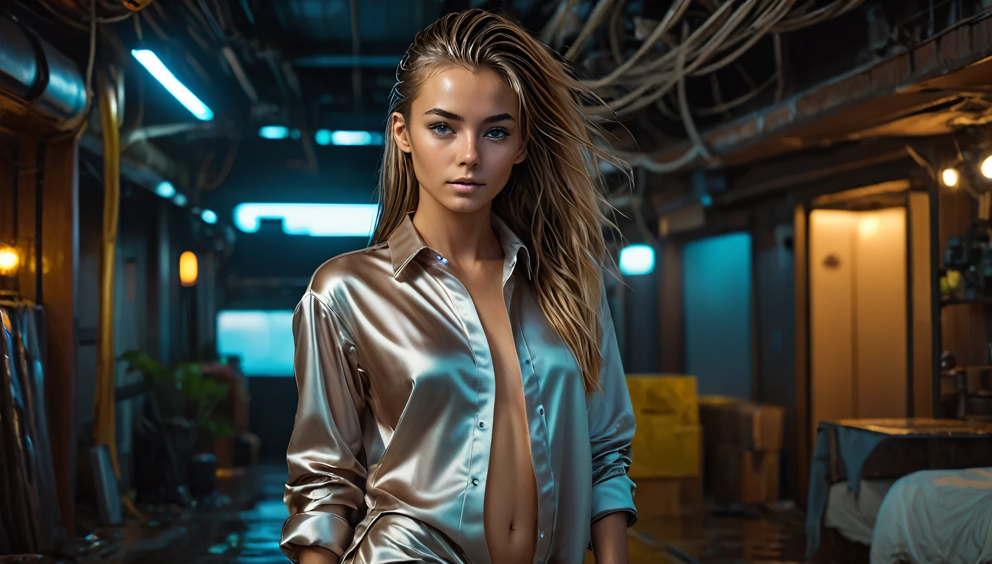 Top Quality, Masterpiece, High Resolution, 8k, (((cute skinny barely legal girl in oversized satin shirt and wetlook leggings, bare belly, wide neckline, deep neckline, small perky breasts, beautiful detailed eyes, beautiful detailed lips, small closed mouth, extremely detailed face, long ponytail hair, small hips))), cyberpunk apartment, moody atmosphere, dramatic and random neon colors, futuristic setting, intricate details, at night, backlit, full body shot, view from distance 