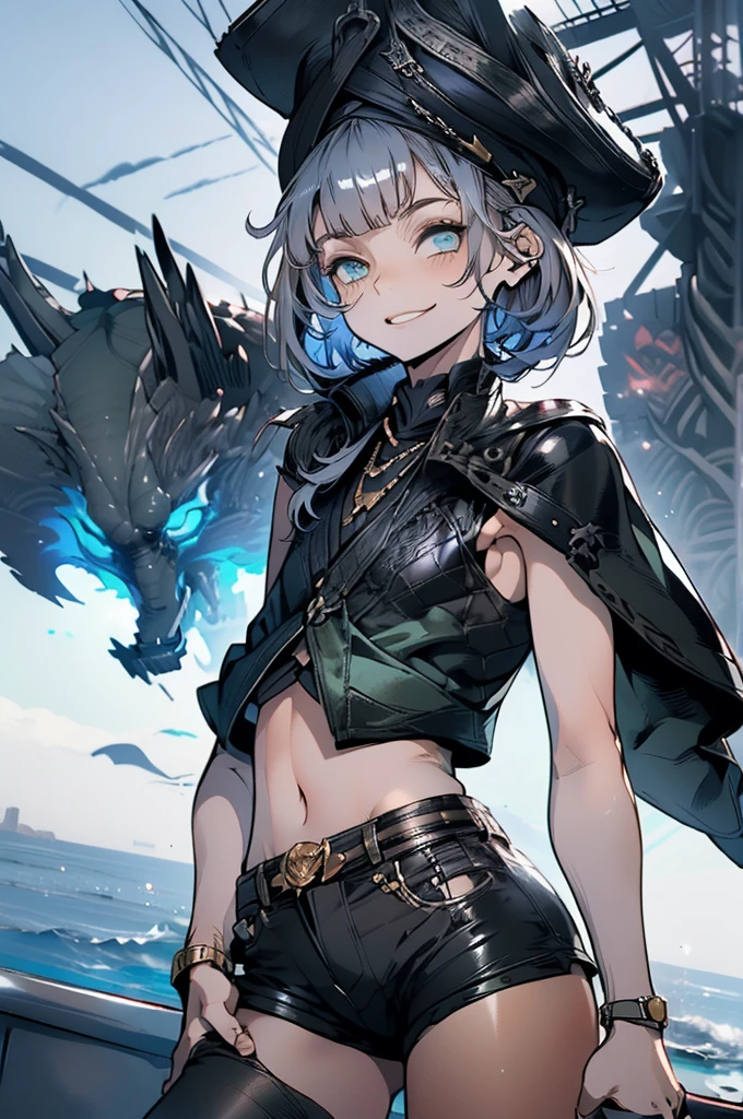 (masterpiece, very high quality, perfect anatomy) medieval world, 1 man, young, slender, small, thick thighs short silver hair, bangs, sea green eyes (black pirate hat, black vest, short leather shorts) exposed belly, on a pirate ship, slutty smile, flushed face, excited expression, erotic, bitch