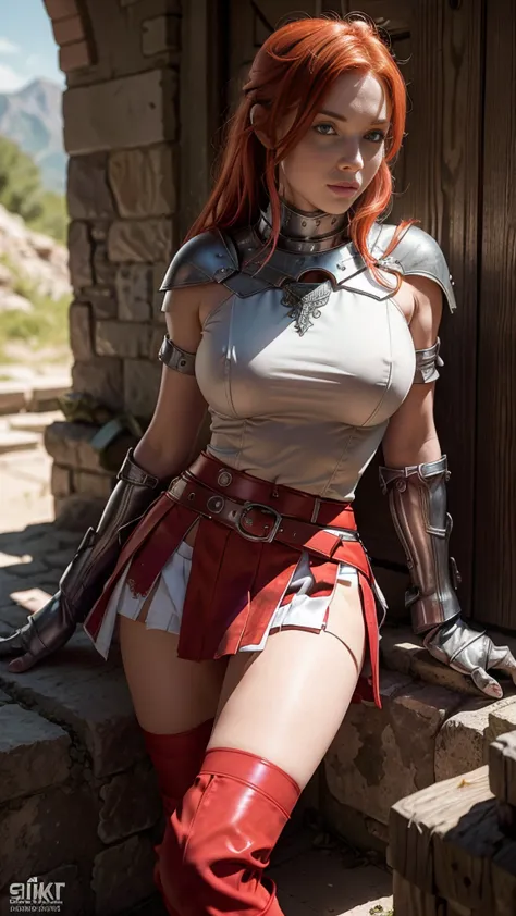 Red-haired warrior girl, young girl, pretty face, thin girl, pretty girl, skinny girl, She's wearing a plate armor, medieval arm...